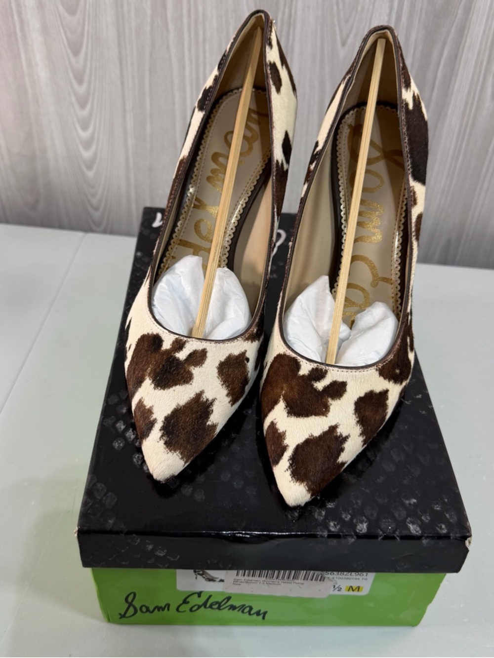 Sam Edelman Hazel Pumps Cow Hair Brown Cream Heels Animal Print Women’s Sz 7.5 - Picture 2 of 5